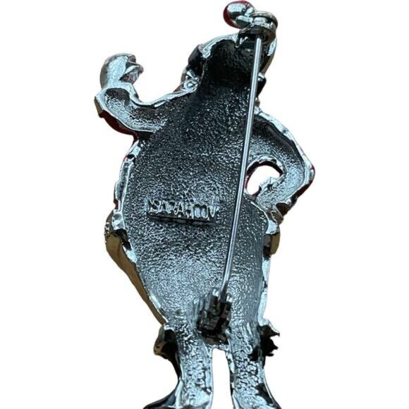 Vintage Santa Claus Rhinestone Brooch Pin Red & Black Enamel Silver Tone Metal - Picture 3 of 4